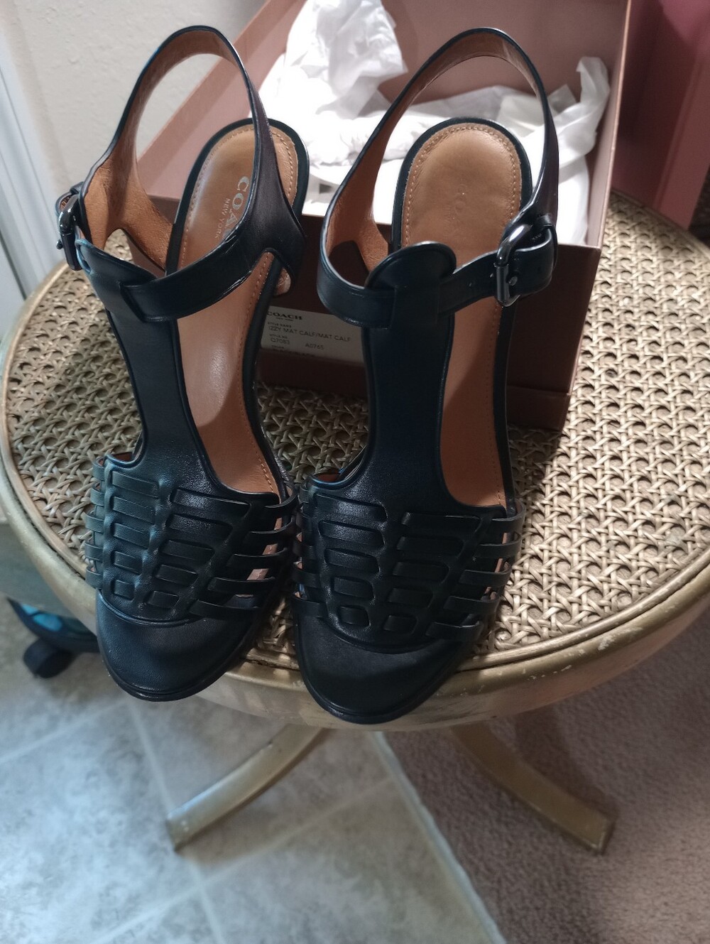 Coach Black Woven T-Strap Slingback Heels